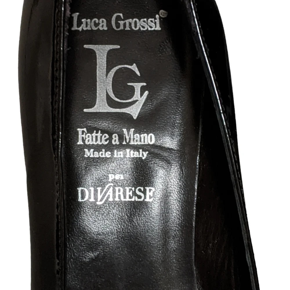 Luca Grossi black patent leather lug rubber platform heel loafer pump 40…